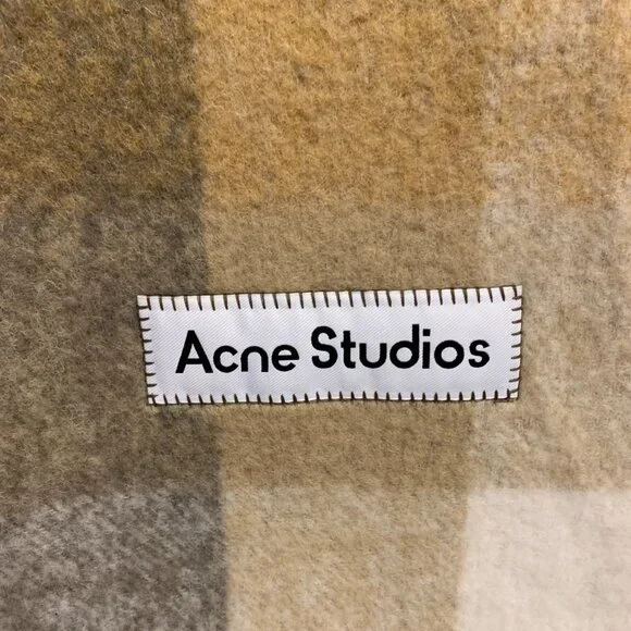 Acne Studios Plaid Wool Blend Scarf Neutral Check Fringe Cozy - Picture 4 of 5
